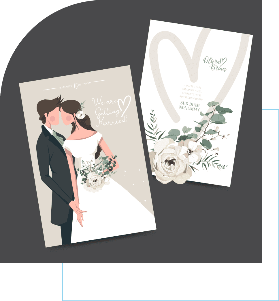 Wedding invitation with floral design and couple.
