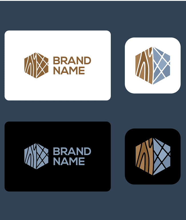 Geometric logo design with brand name variations.